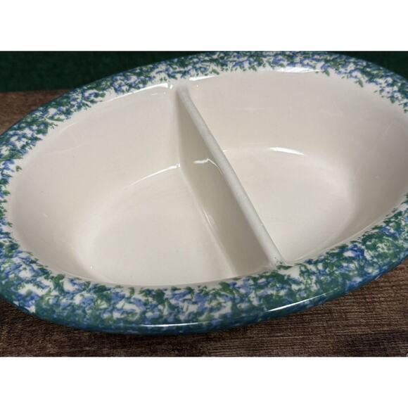 Gerald Henn Workshops Spongeware Oval Divided Dish GREEN & BLUE Stoneware - Picture 8 of 9